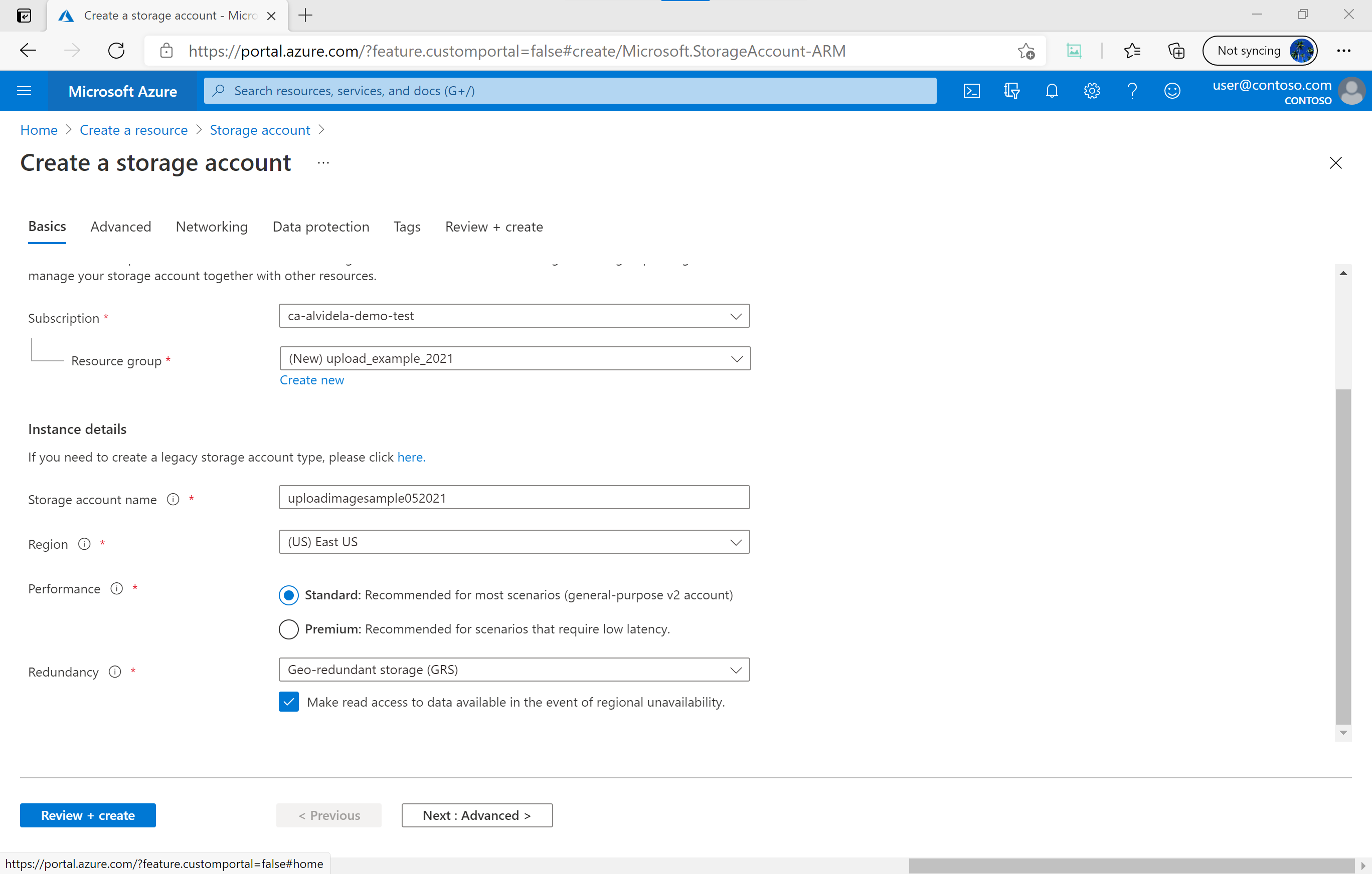 Screenshot of the Create a new Storage account page in the Azure portal.