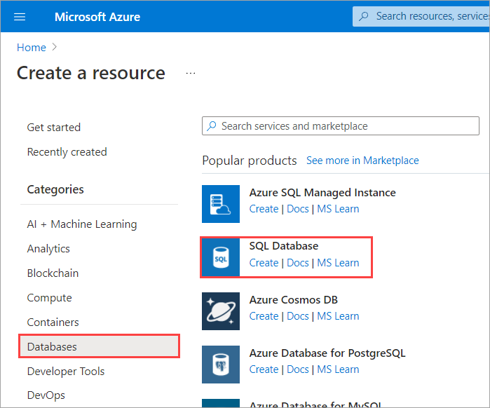 Screenshot of the SQL Database create page.