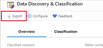 Screenshot of the Data discovery and classification pane with Export selected.