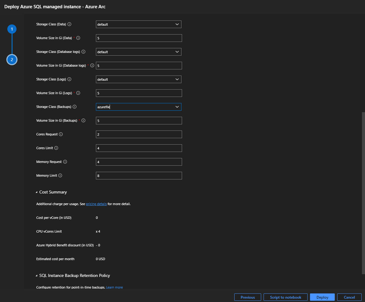 Screenshot of Azure Arc-enabled SQL Managed Instance - Azure Data Studio Azure Arc create resource details.