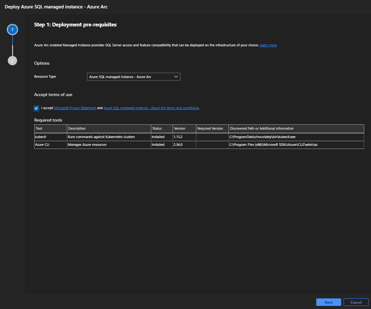 Screenshot of Azure Arc-enabled SQL Managed Instance - Azure Data Studio Azure Arc create pre-requisites