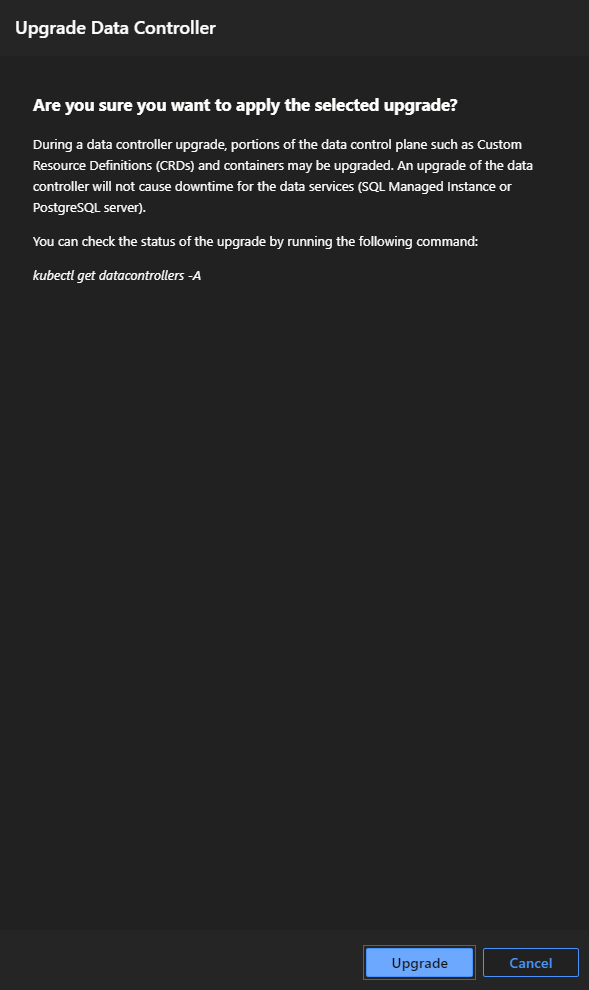 Screenshot of Azure Arc-enabled data controller Upgrade.