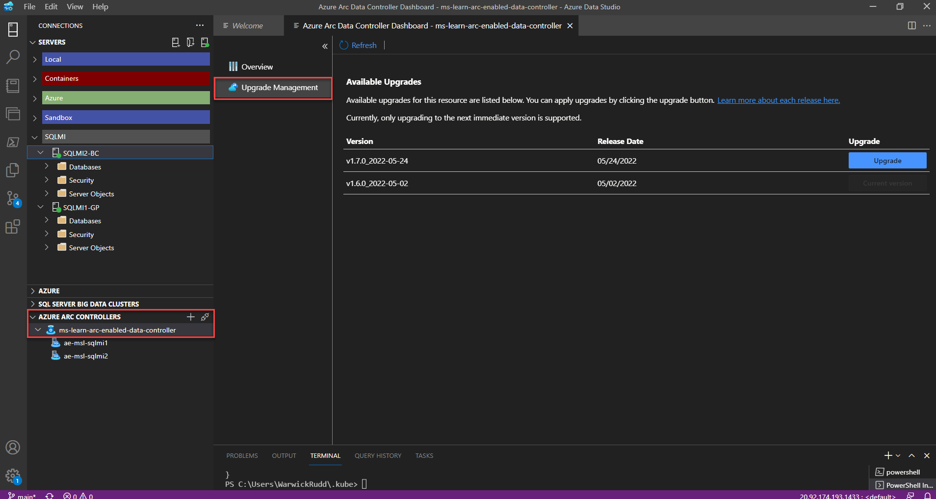 Screenshot of Azure Arc-enabled data controller Upgrade Management.
