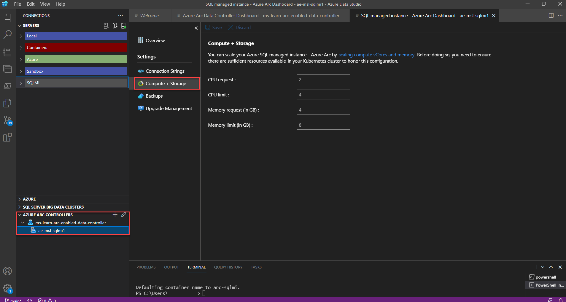 Screenshot of Azure Arc-enabled SQL Managed Instance increase cpu.