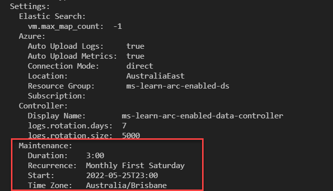 Screenshot of Azure Arc-enabled data controller maintenance window.