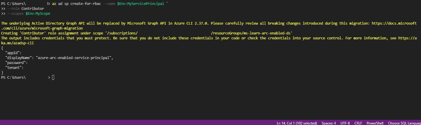 Screenshot of Service Principal creation.