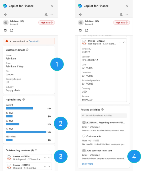 Screenshot of finance agents customer details sections numbered to match the list.