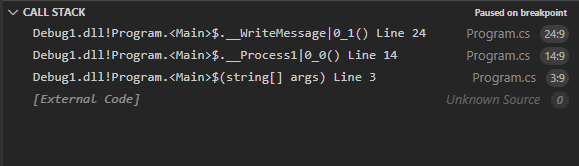 Screenshot showing the Call Stack levels between where an exception is thrown and where it is caught.
