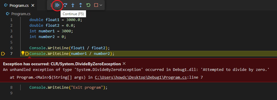 Screenshot showing the Continue button on the Debug toolbar.