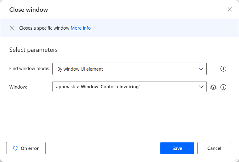 Screenshot of the The Close Window action.