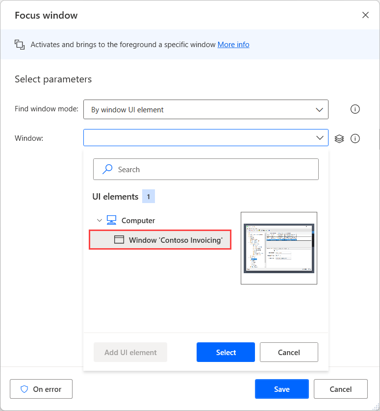 Screenshot of the The Focus Window action.
