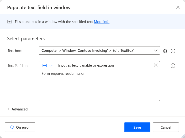 Screenshot of the The Populate Text Field in Window action.