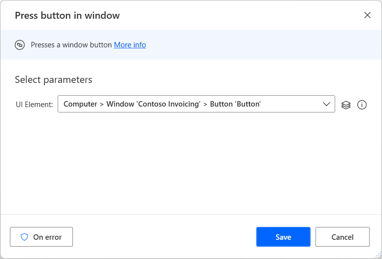 Screenshot of the The Press Button in Window action.