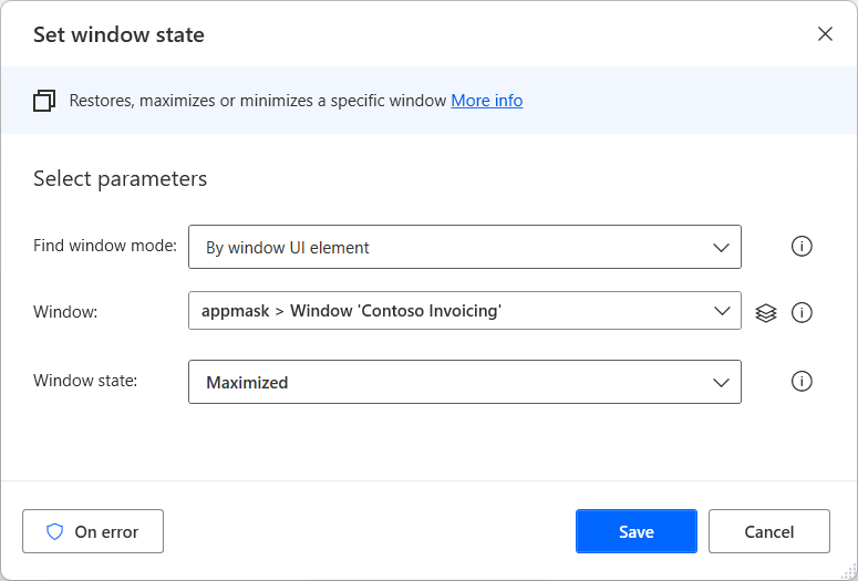 Screenshot of the The Set Window State action.