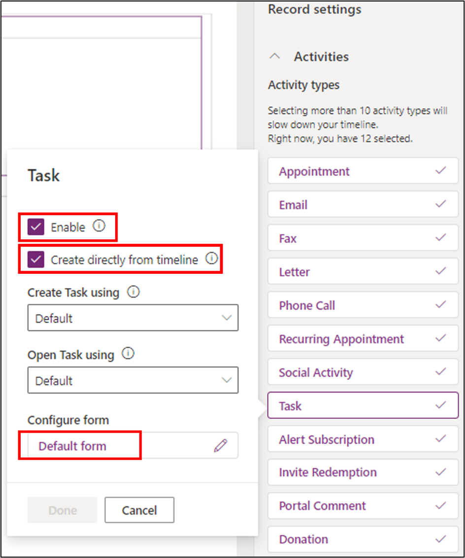 Screenshot of Activity types in Record settings.
