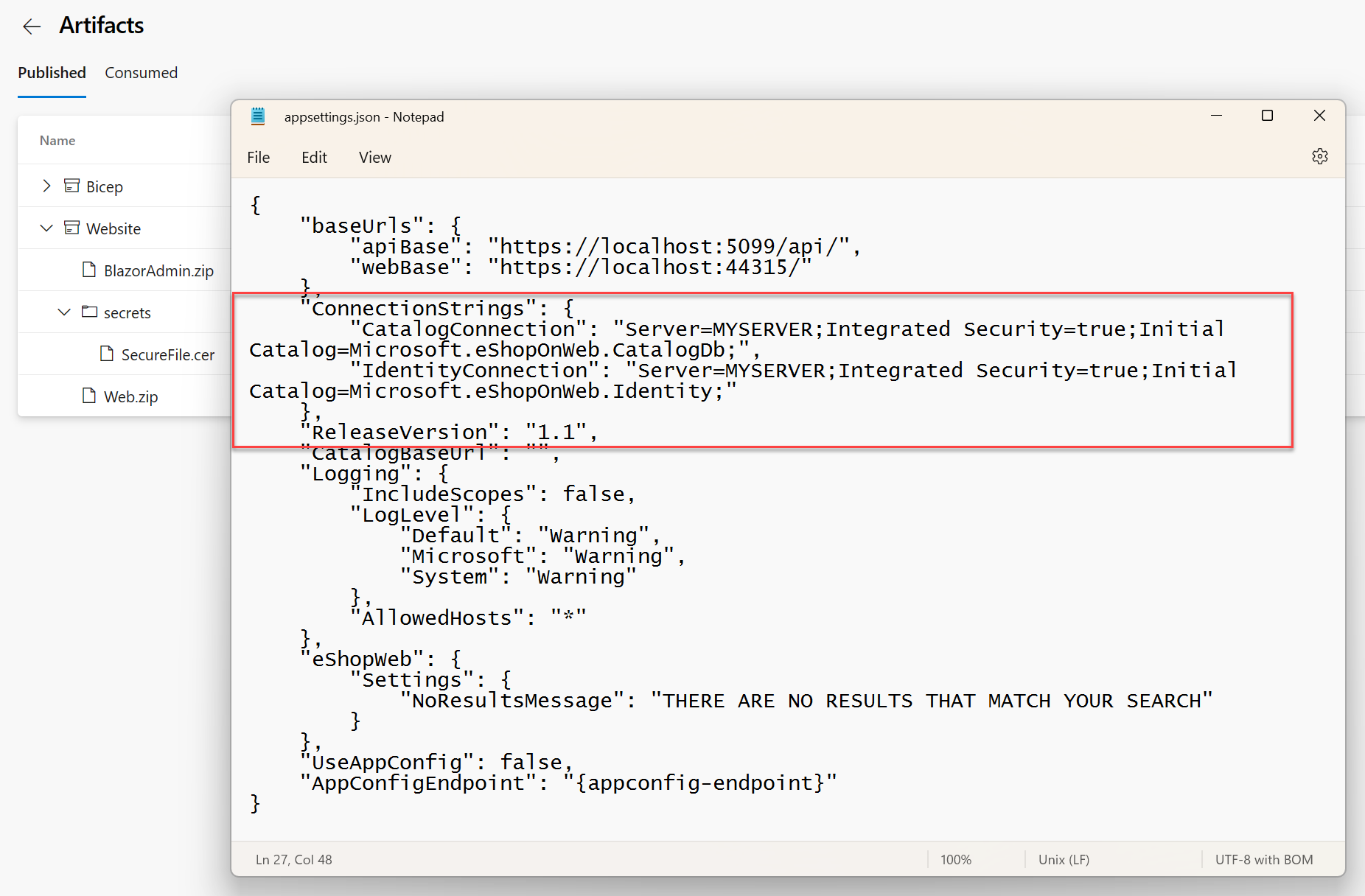 Screenshot of Azure DevOps showing the appsettings.json with tokens replaced.