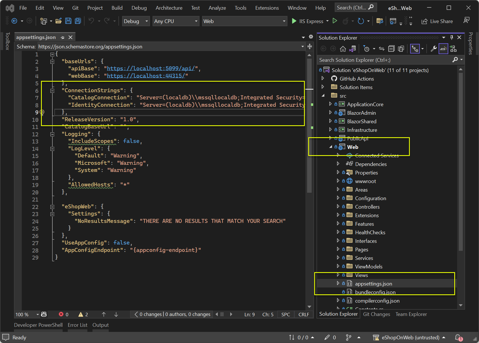 Screenshot of Visual Studio with eShopOnWeb project showing the appsettings.json file.