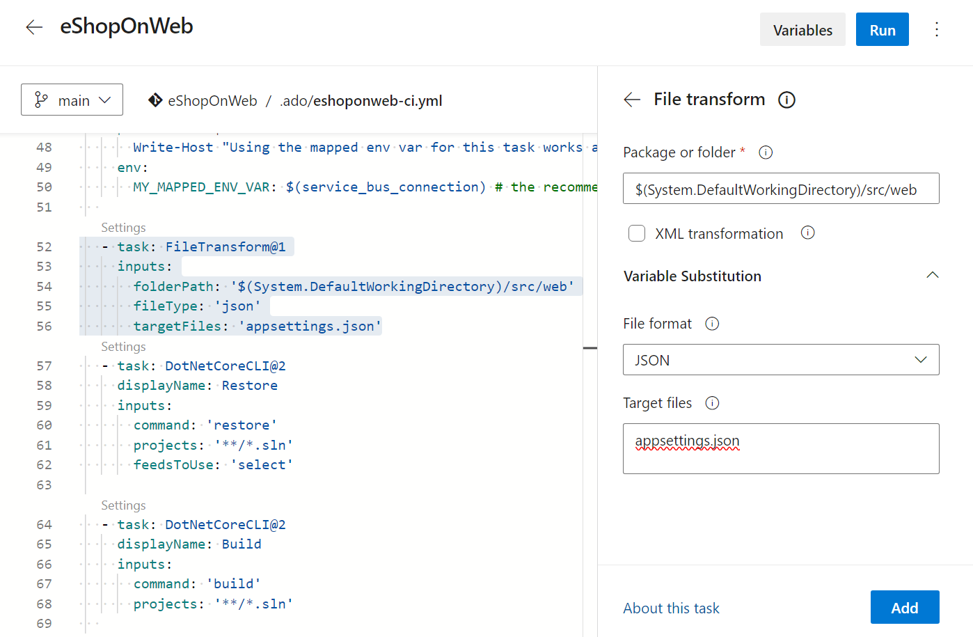 Screenshot of Azure DevOps showing the new task File Transform in the eshoponweb-ci.yml file.