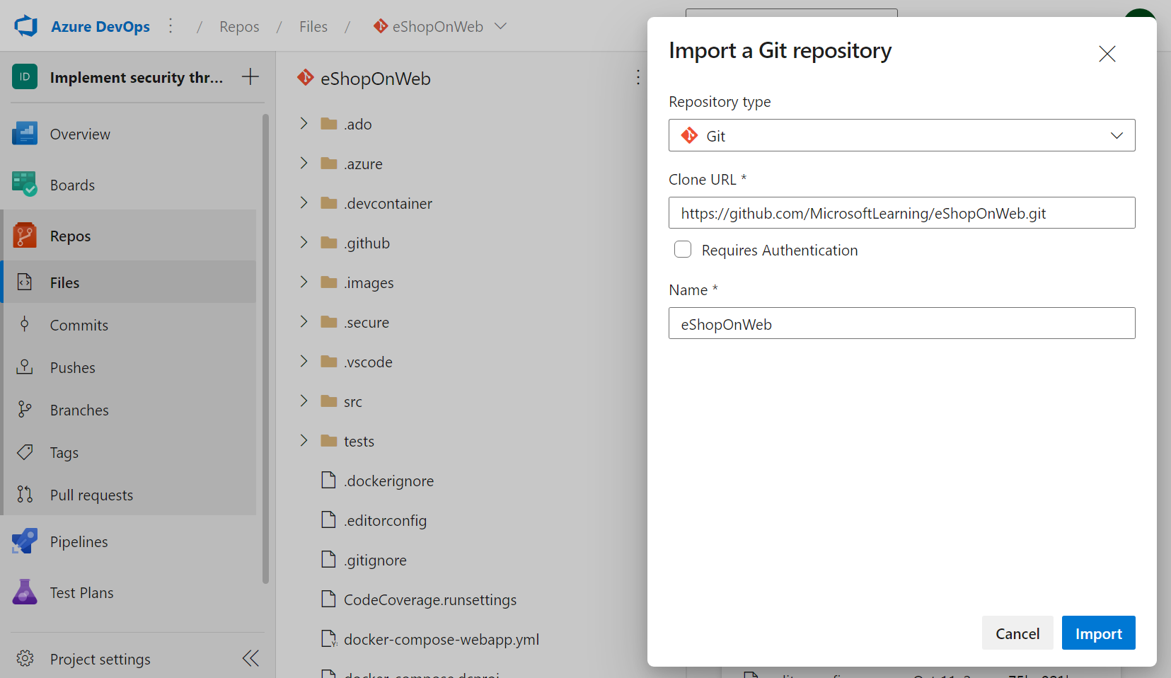 Screenshot of Azure Pipelines showing how to import a git repository from GitHub.