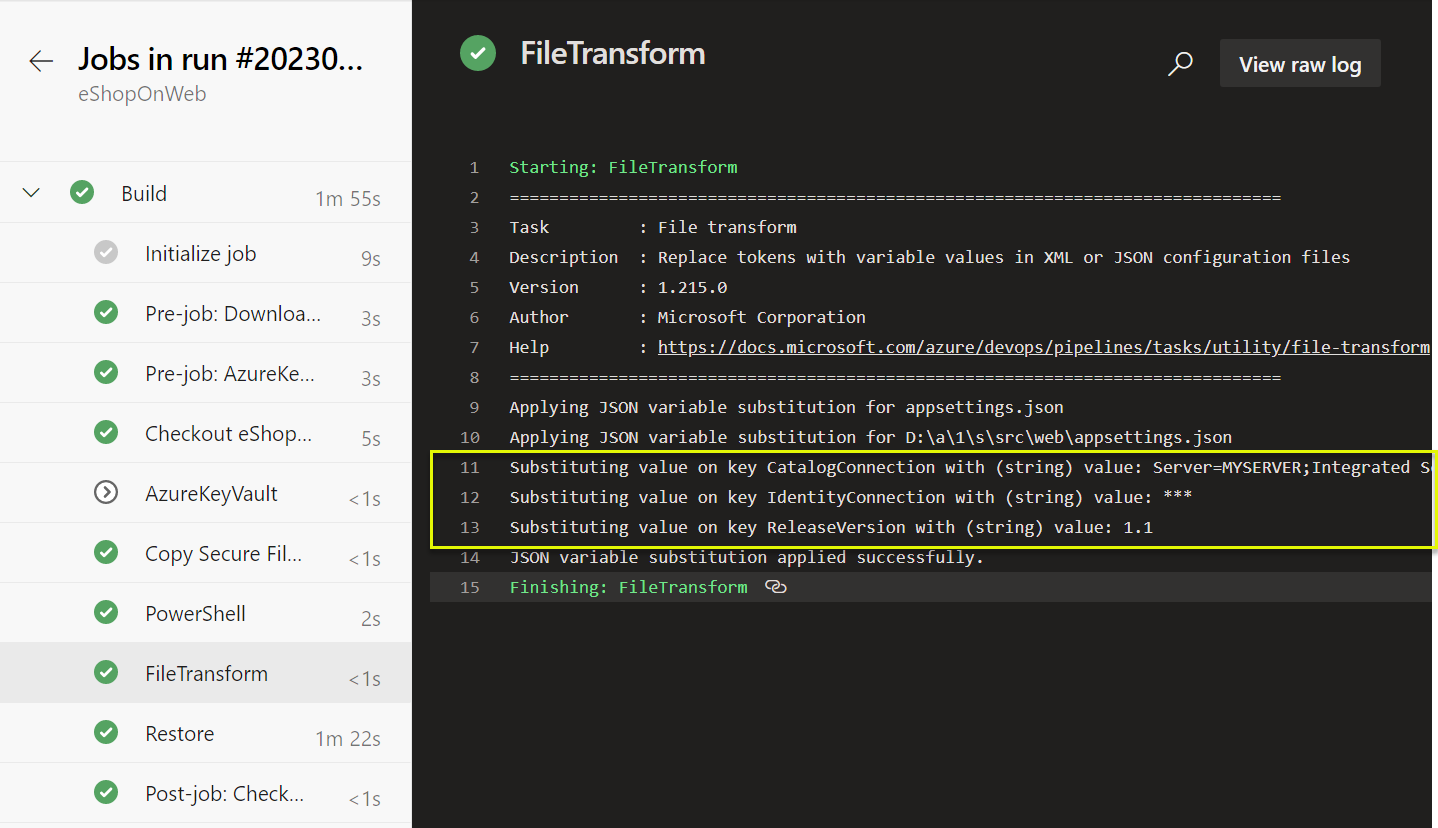 Screenshot of Azure DevOps showing the pipeline log with tokens replaced.