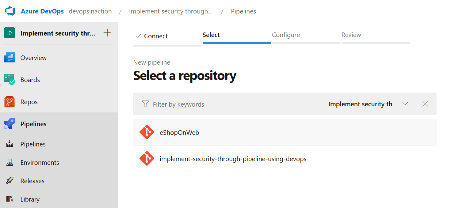 Screenshot of Azure DevOps with eShopOnWeb project showing the appsettings.json file.