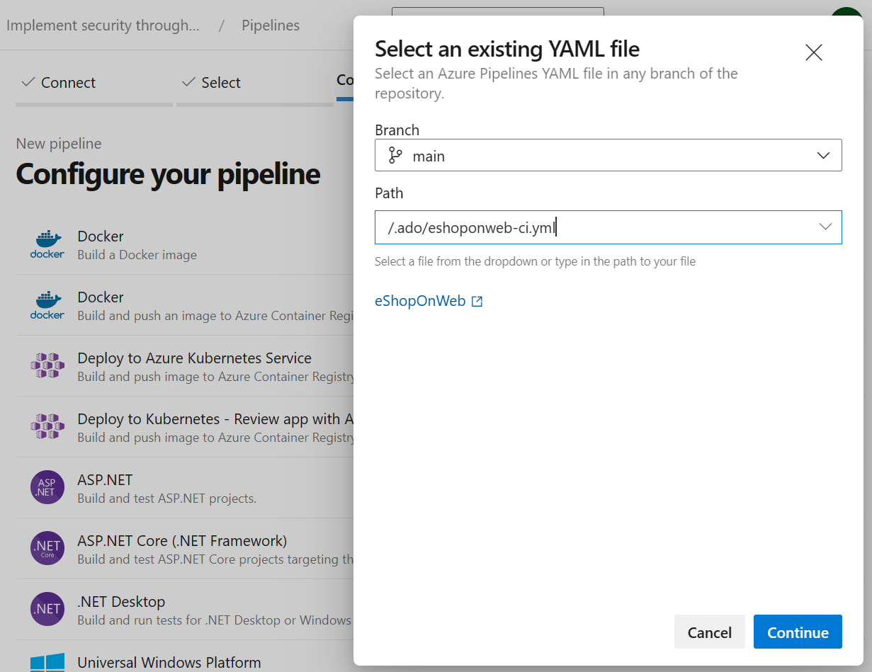 Screenshot of Azure DevOps showing the import of existing eshoponweb-ci.yml file.