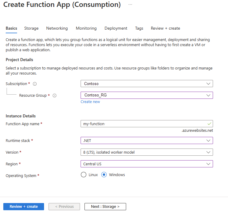 Screenshot showing the Create Function App page on Azure portal.