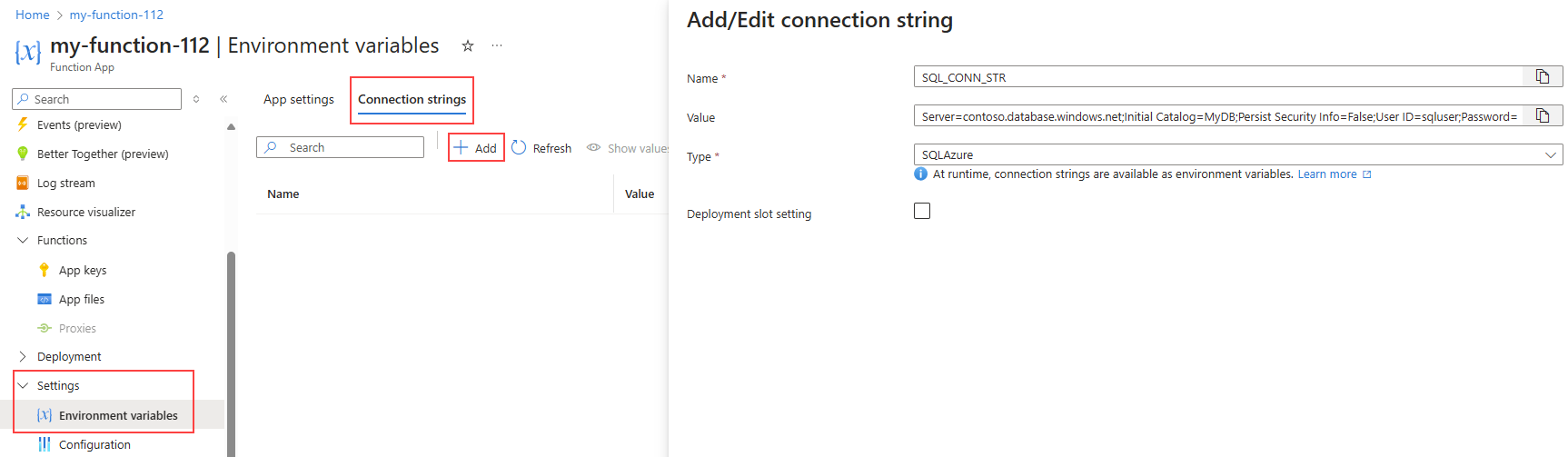 Screenshot showing how to add a connection string for Azure SQL Database on the Azure Function.