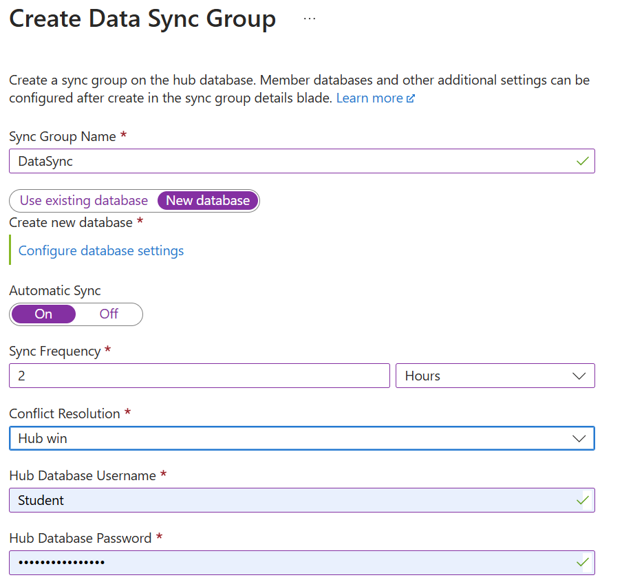 Screenshot showing how to create a Data Sync Group in Azure portal.