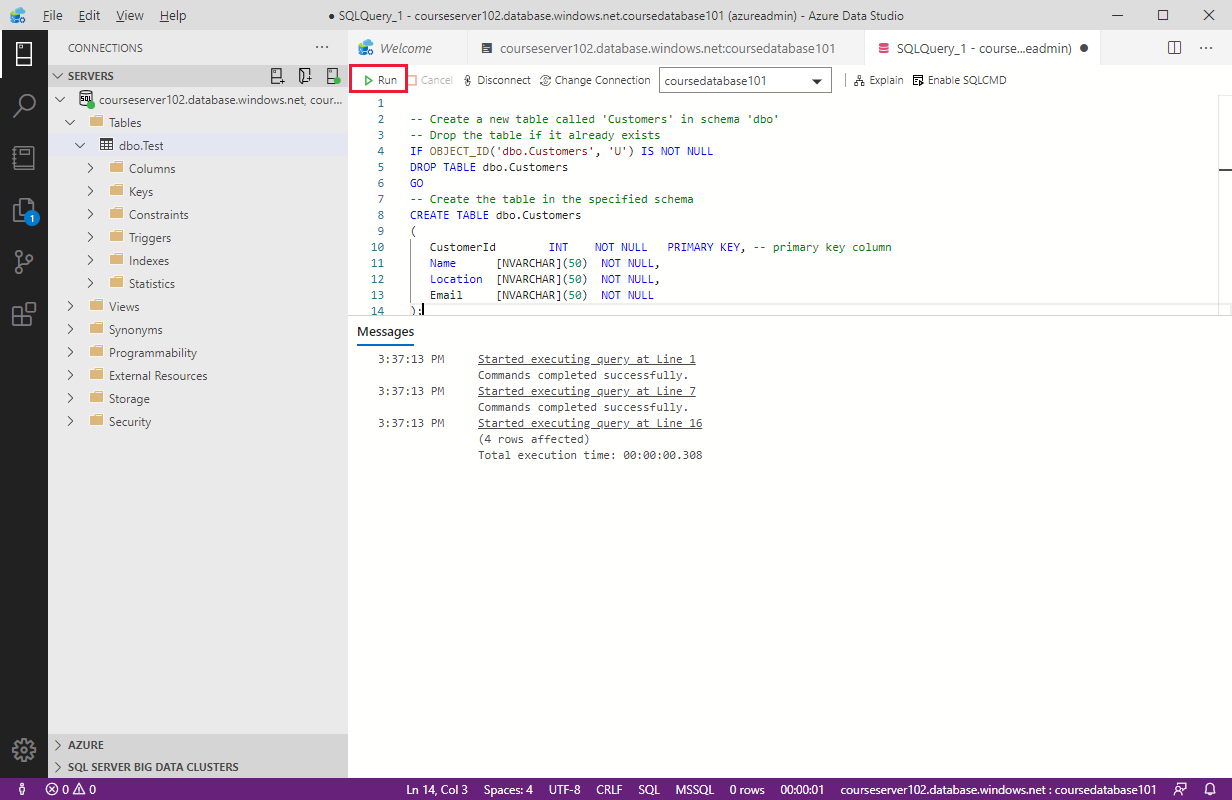 The query pane in Azure Data Studio, showing the results of running a SQL script