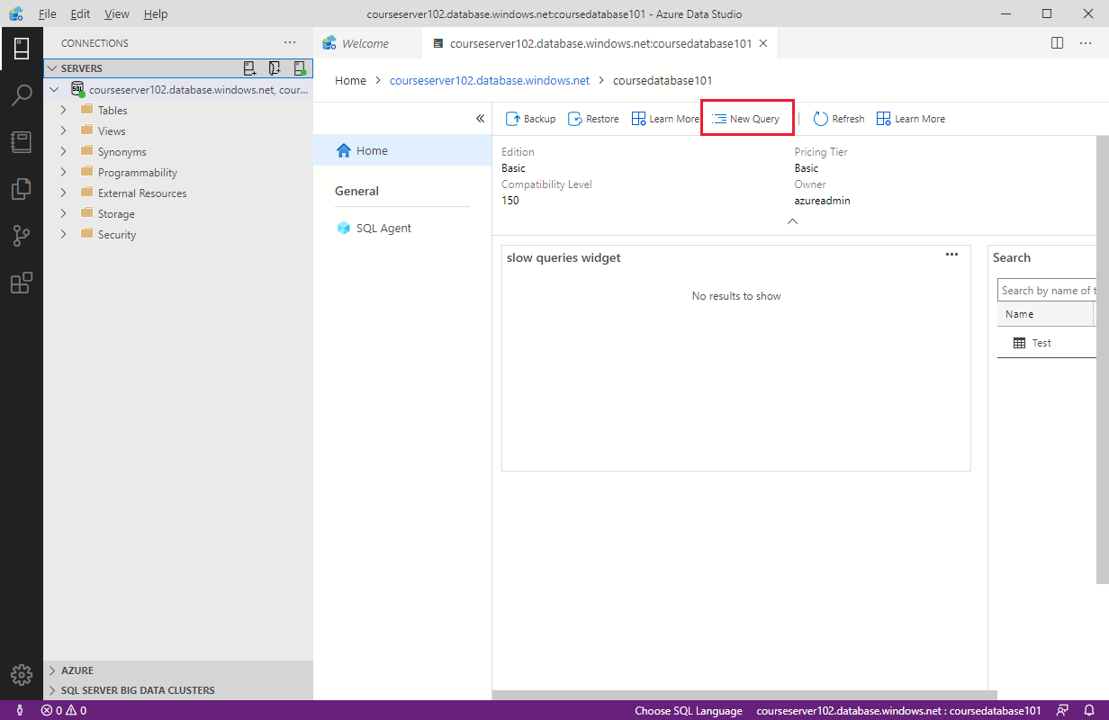 The SERVERS sidebar in Azure Data Studio