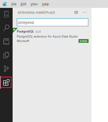 The Extensions window in Azure Data Studio. The user is searching for the PostgreSQL extension