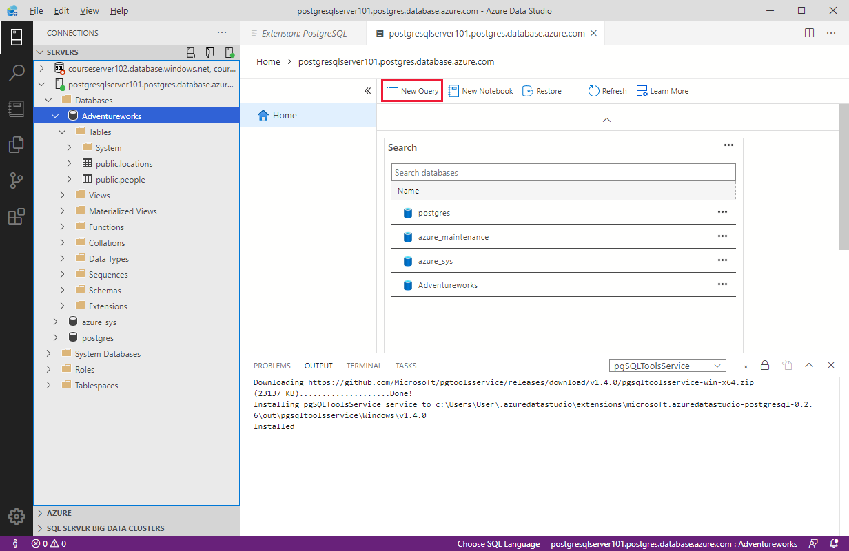 New PostgreSQL query in Azure Data Studio