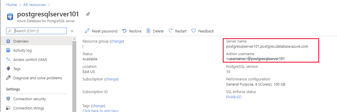 The Overview page for an Azure Database for PostgreSQL instance in the Azure portal