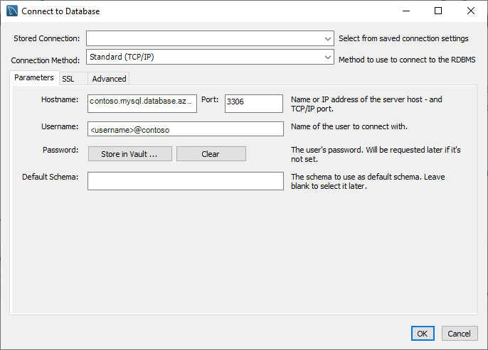 The MySQL Workbench connection page