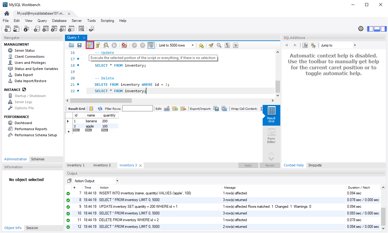MySQL workbench executing a query