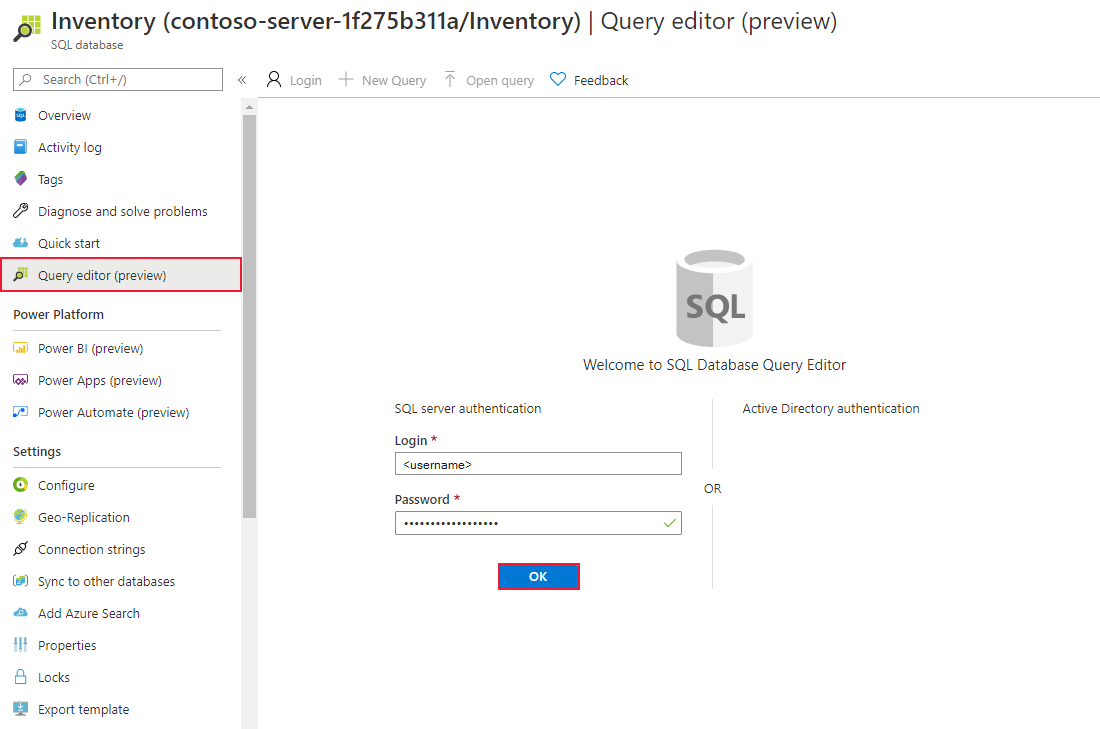 The SQL Database sign-in page in the Azure portal.