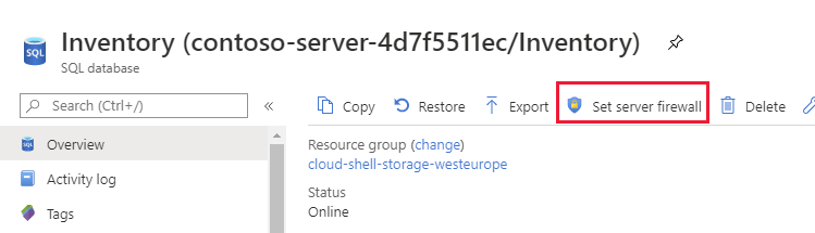The Overview page for the SQL Database instance. The user has selected Set server firewall.