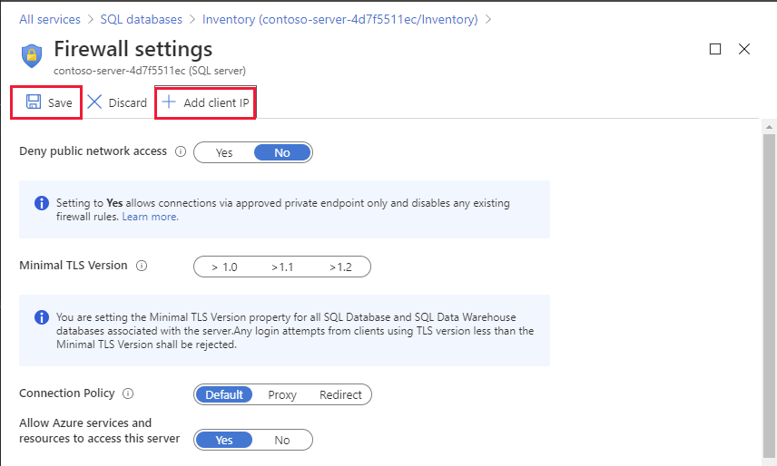 The Firewall settings page for the SQL Database instance. The user has selected Add client IP.