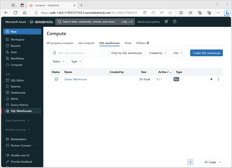 Screenshot of the SQL Warehouses page in the Azure Databricks portal.