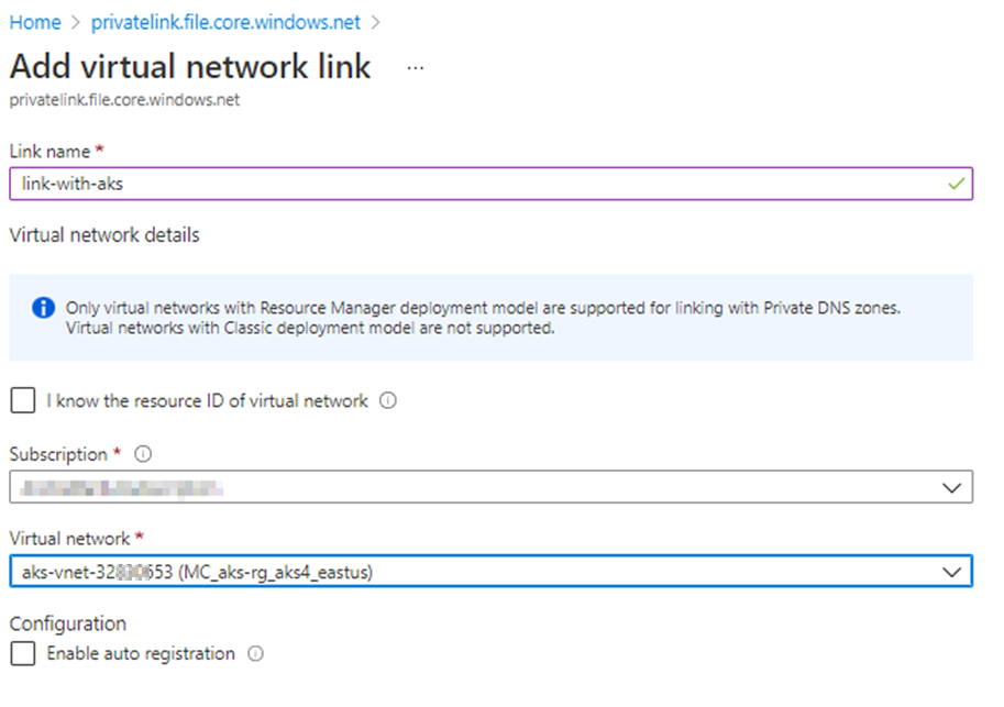 Screenshot of the Add virtual network link pane used to select an AKS virtual network.