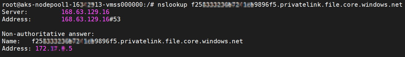 Screenshot of nslookup output where the storage account FQDN resolves to a private IP address.