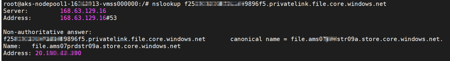 Screenshot of nslookup output where the storage account FQDN resolves to a public IP address.