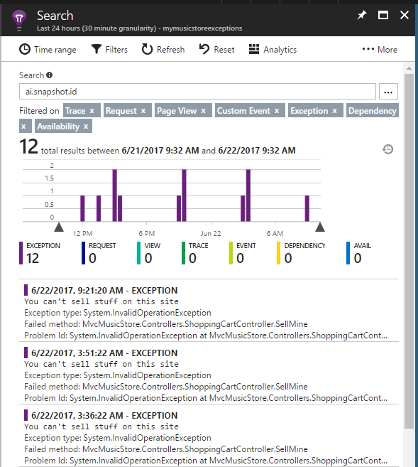 Screenshot showing search for telemetry with a snapshot ID in the portal.