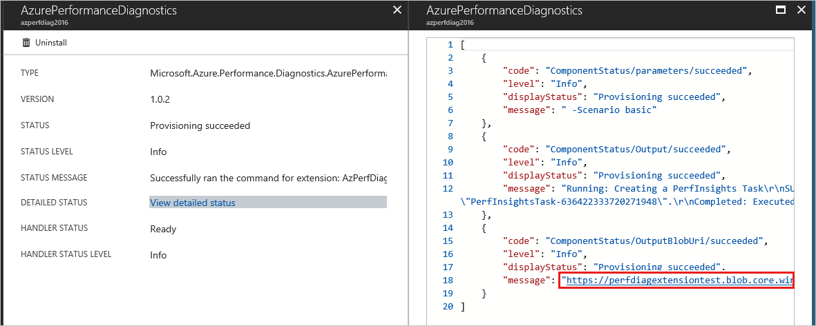 Screenshot of Performance Diagnostics detailed status and the extension download link.