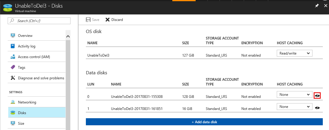 Screenshot of the Disks portal and it highlights the detach icon of the data disk to be deleted.