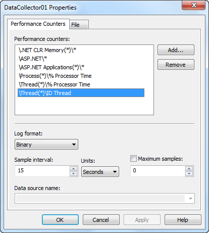 Screenshot that shows the Data Collection 0 1 Properties dialog box. I D Thread is selected on the Performance Counters tab.