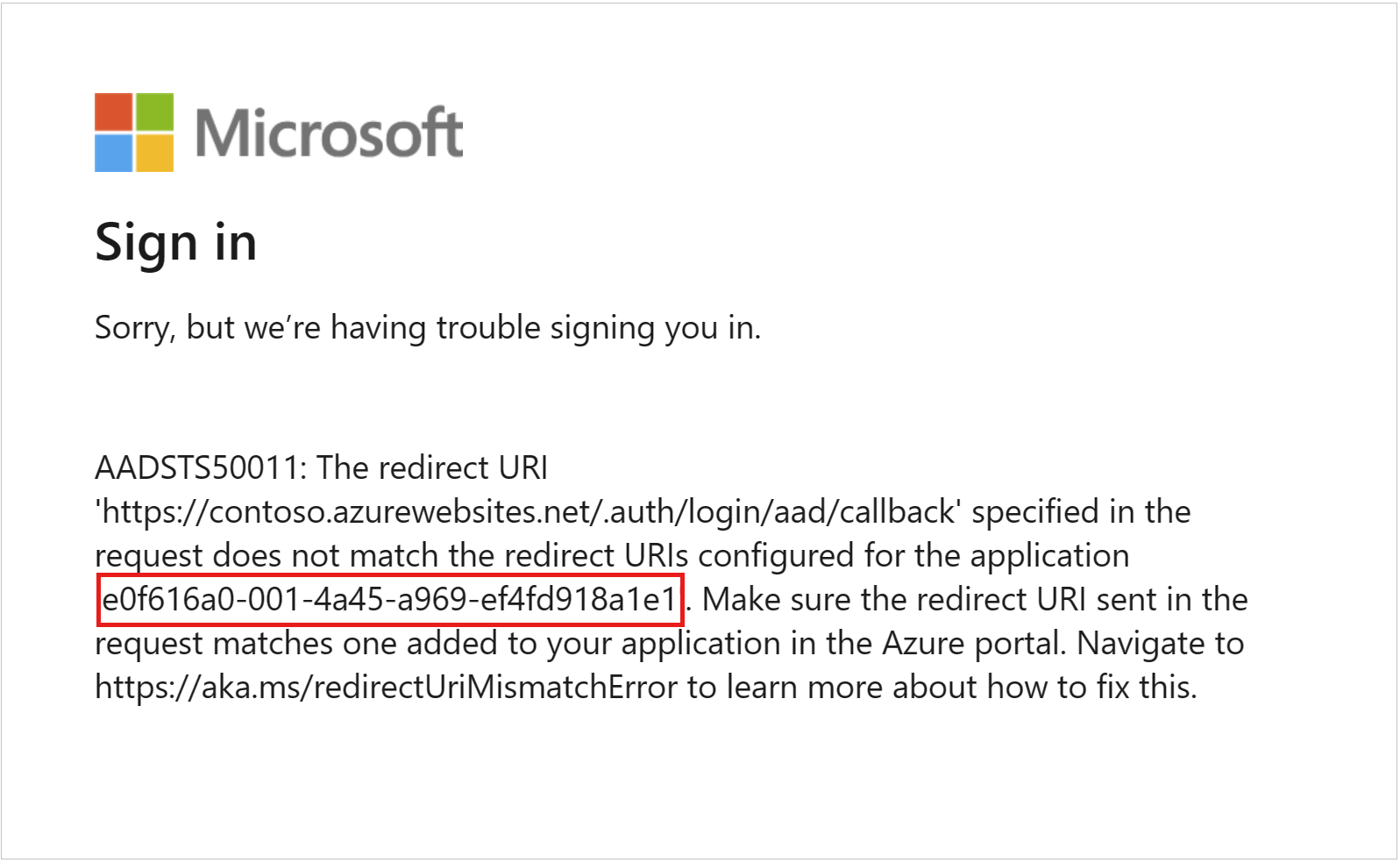 The screenshot about the application ID in AADSTS50011 error message