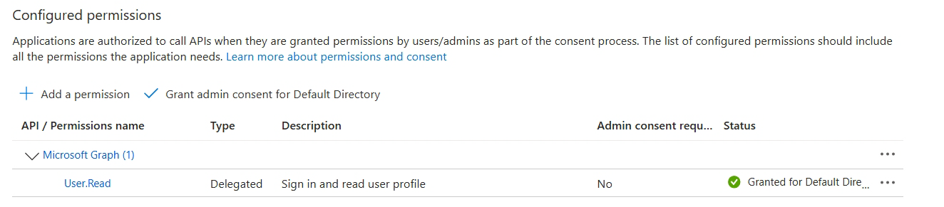 Screenshot of adding Graph API permissions.
