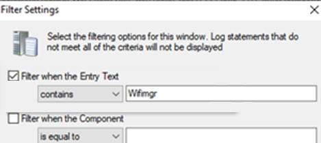 Screenshot shows filtering CMTrace to look for WiFiMgr configuration profiles on Android devices.